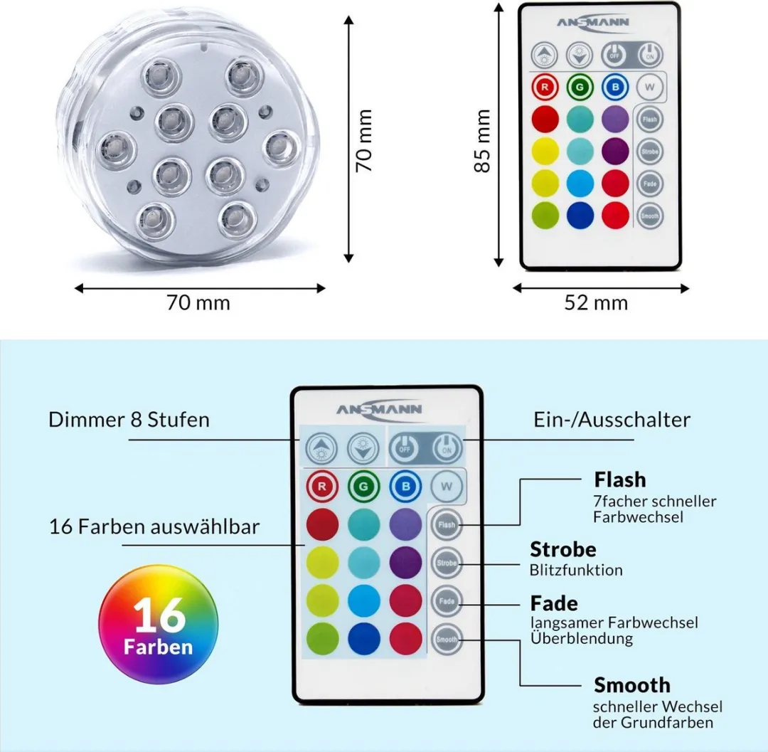 Ansmann Zwembadverlichting 16 Kleuren - 2 Stuks - Multicolor