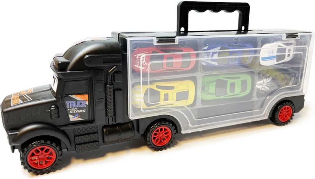 Vrachtwagen transporter truck - speelgoed mini auto's - transporter 6-delig set koffer - Oplegger - 34CM
