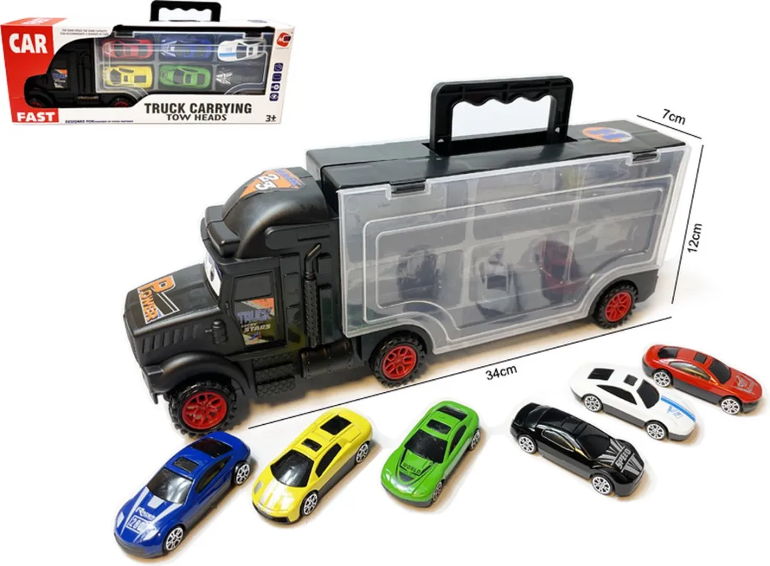 Vrachtwagen transporter truck - speelgoed mini auto's - transporter 6-delig set koffer - Oplegger - 34CM