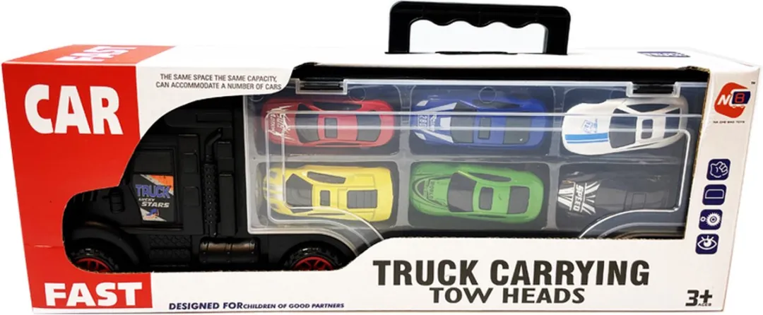 Vrachtwagen transporter truck - speelgoed mini auto's - transporter 6-delig set koffer - Oplegger - 34CM
