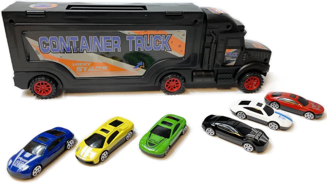 Vrachtwagen transporter truck - speelgoed mini auto's - transporter 6-delig set koffer - Oplegger - 34CM