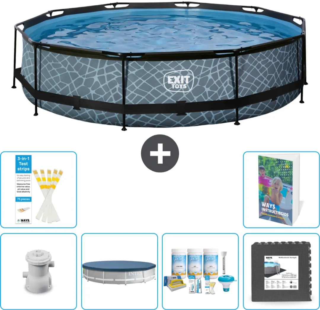 EXIT Rond Stone Frame Zwembad - 360 x 76 cm - Inclusief Pomp Afdekzeil - Onderhoudspakket - Vloertegels - 7-delig