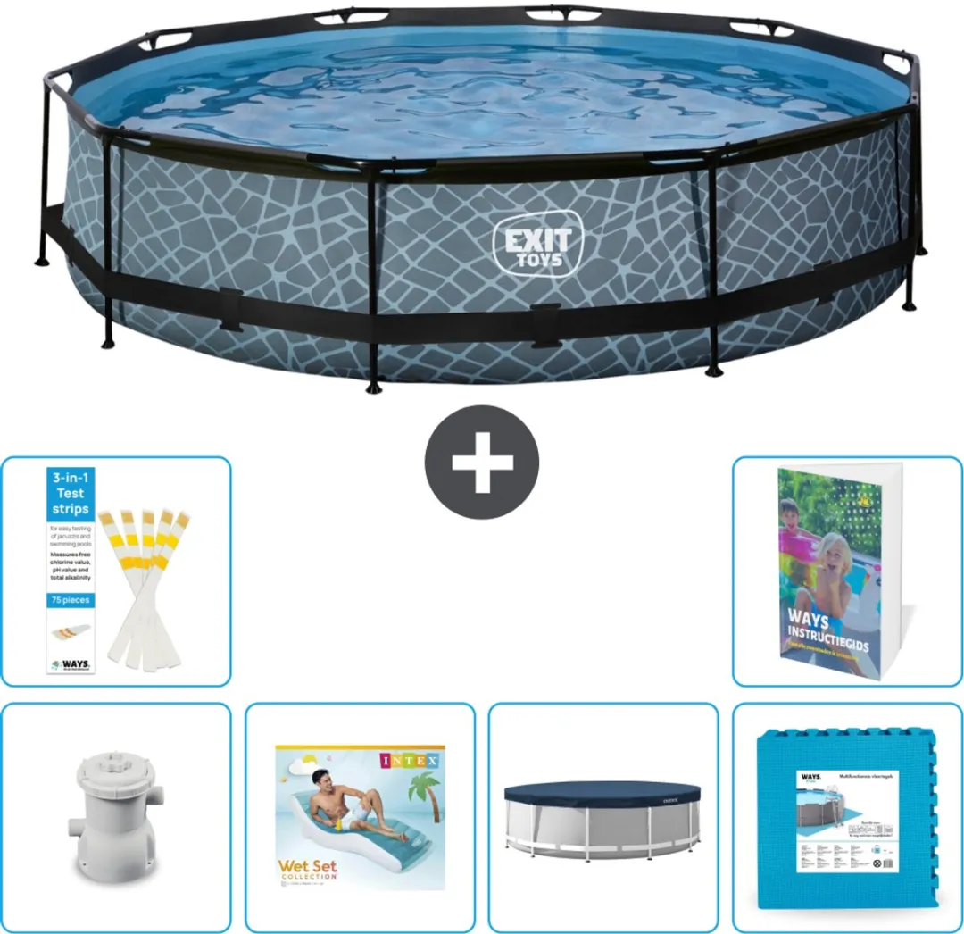 EXIT Rond Stone Frame Zwembad - 360 x 76 cm - Inclusief Pomp Loungebed - Afdekzeil - Vloertegels - 7-delig