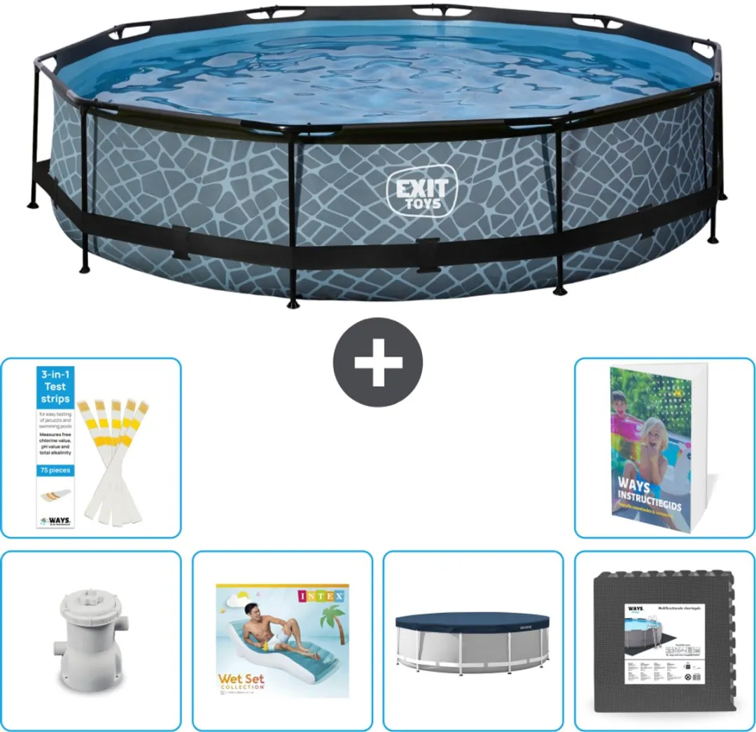 EXIT Rond Stone Frame Zwembad - 360 x 76 cm - Inclusief Pomp Loungebed - Afdekzeil - Vloertegels - 7-delig