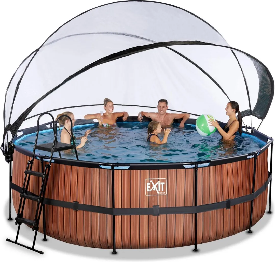 EXIT Wood Zwembad 447cm - 14.758L - Zandfilterpomp & Warmtepomp - Bruin