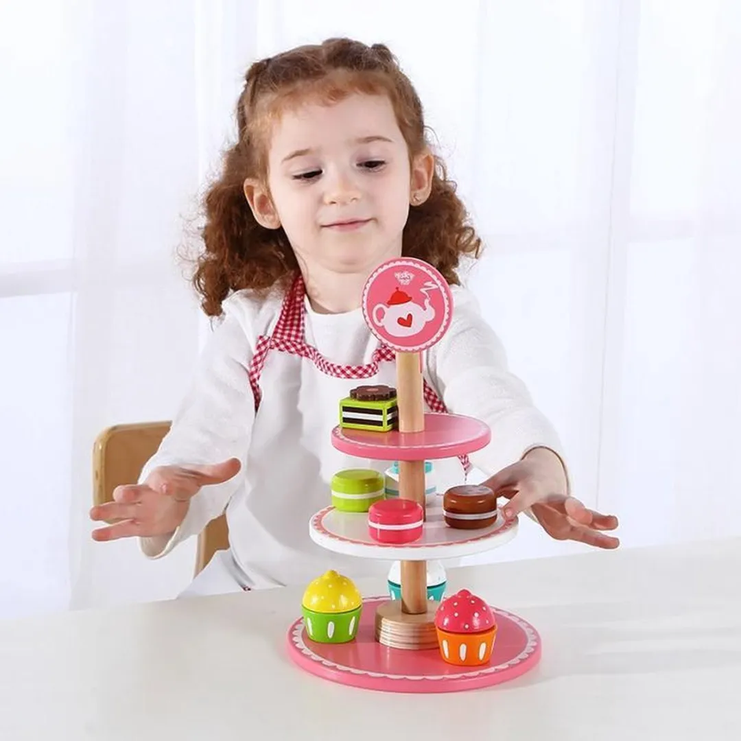 Tooky Toy Houten Etagère Gebakjes 12-delig - Roze/Wit