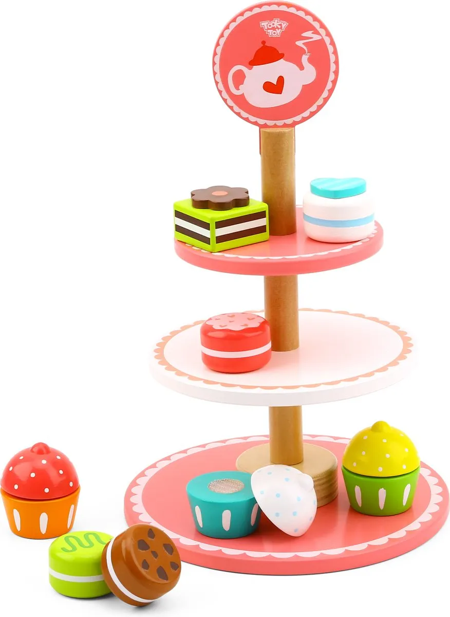 Tooky Toy Houten Etagère Gebakjes 12-delig - Roze/Wit