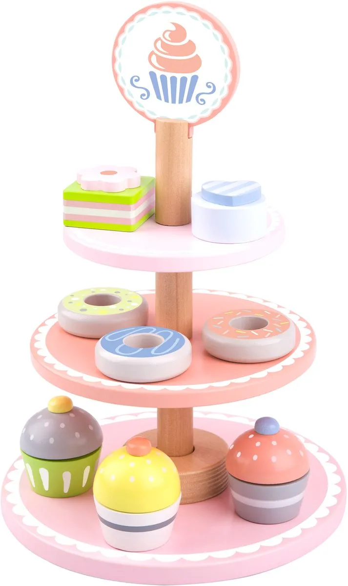 Tooky Toy Houten Etagère Gebakjes 12-delig - Roze/Wit