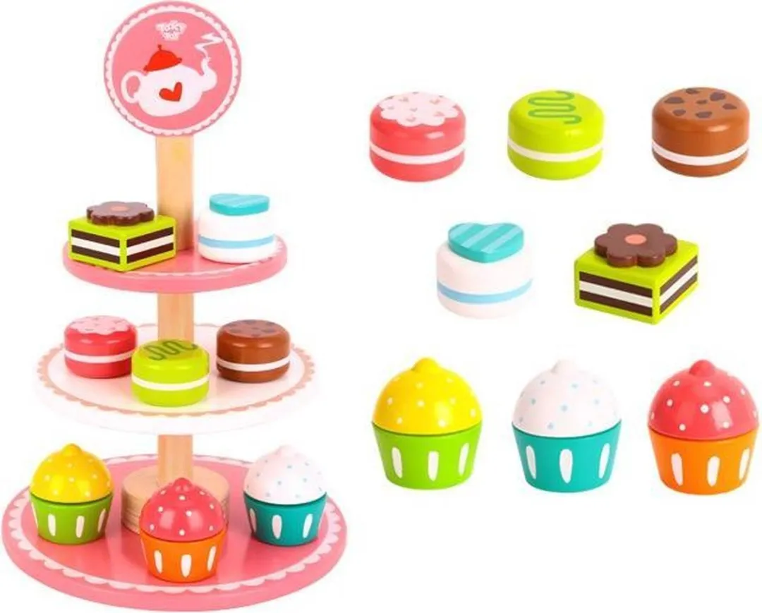 Tooky Toy Houten Etagère Gebakjes 12-delig - Roze/Wit