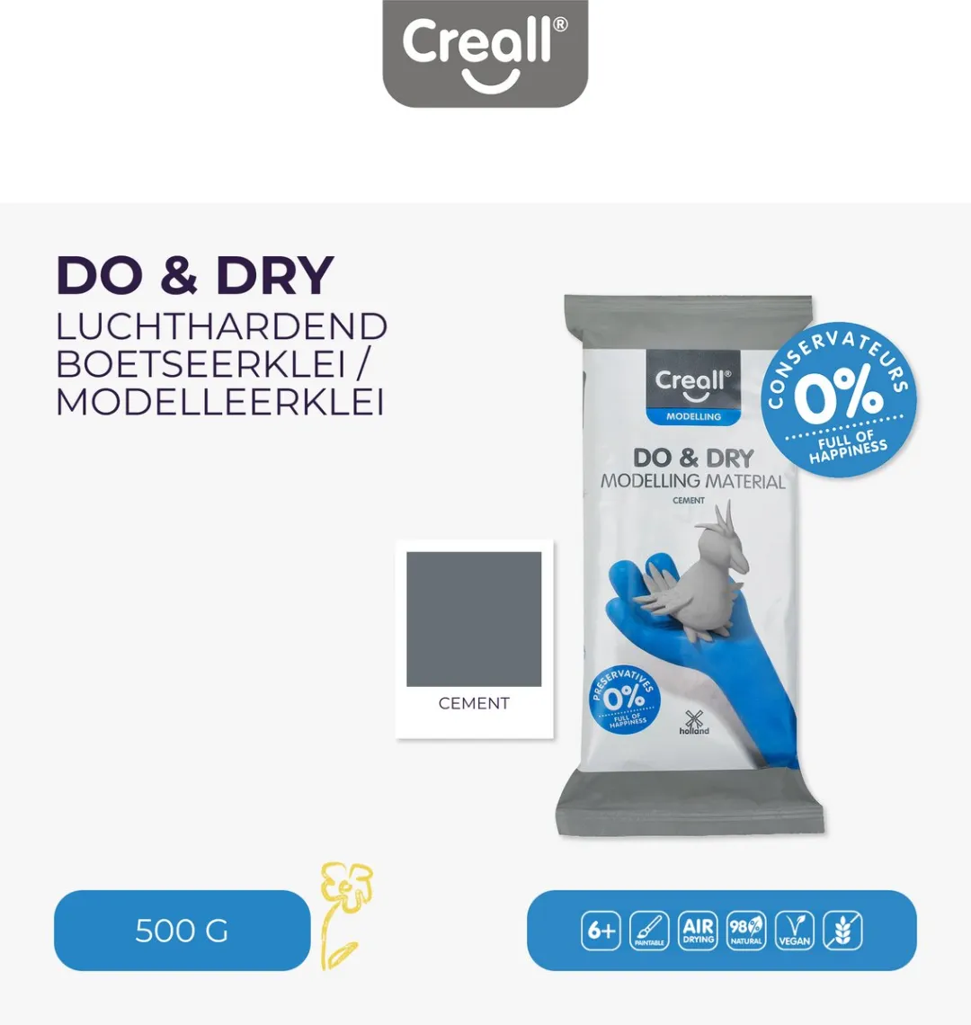 Creall Do & Dry | Luchtdrogende klei kleur Cement | 12 x 500g | Made in Holland | Zacht en klaar voor gebruik | Made in Holland | Knutselwerk kinderen, school, hobby, DIY en creatieve projecten