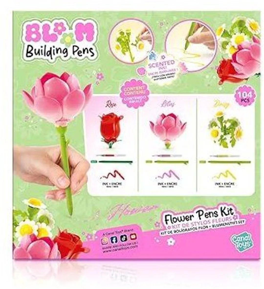 Canal Toys BLOOM Bouwbare Bloemenpen - 3 Stuks - Roze/Lotus/Madeliefje