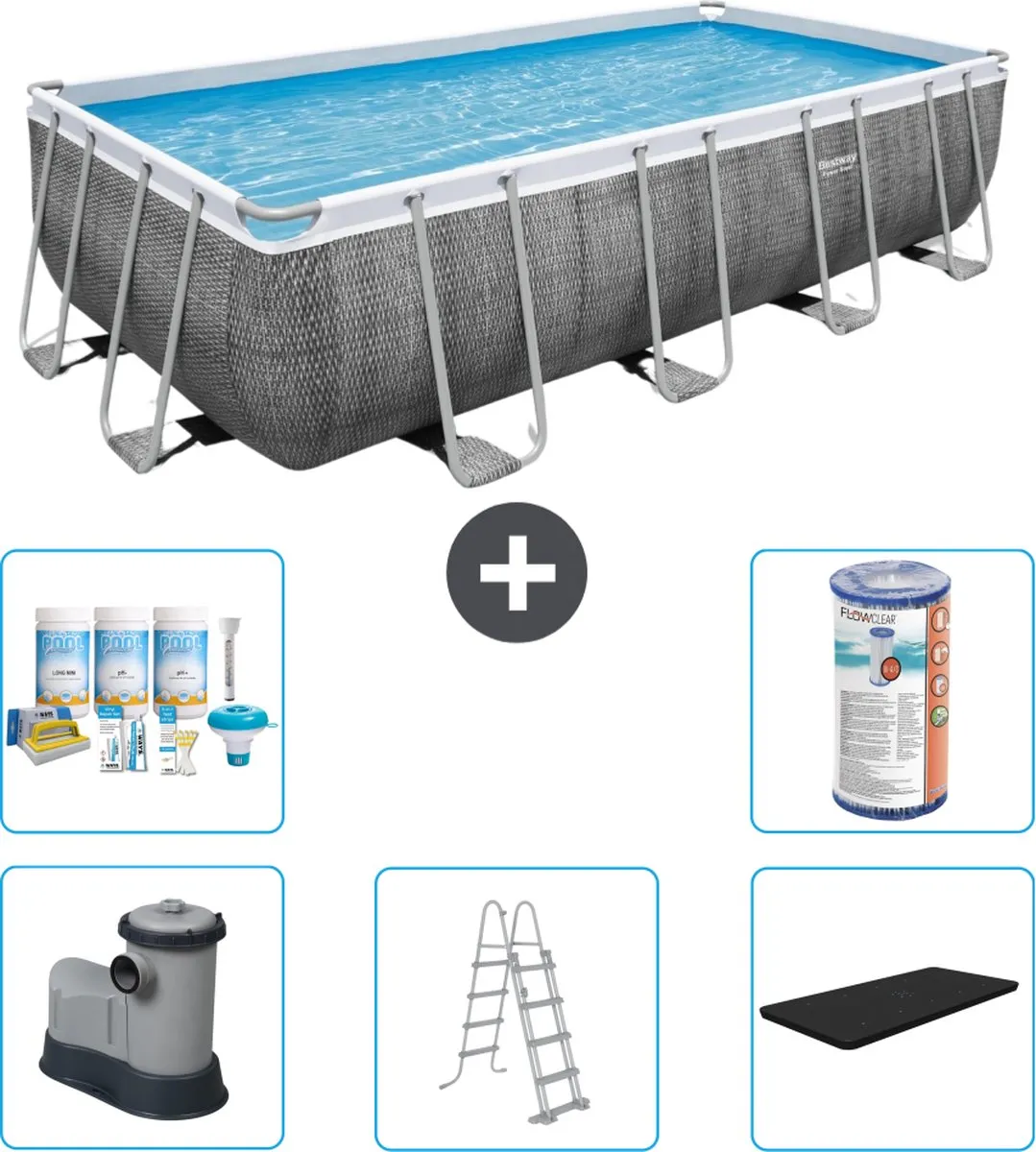 Bestway Rechthoekig Power Steel Zwembad - Rattanprint - 549 x 274 x 122 - Inclusief Pomp - Ladder - Afdekzeil Onderhoudspakket - Filter