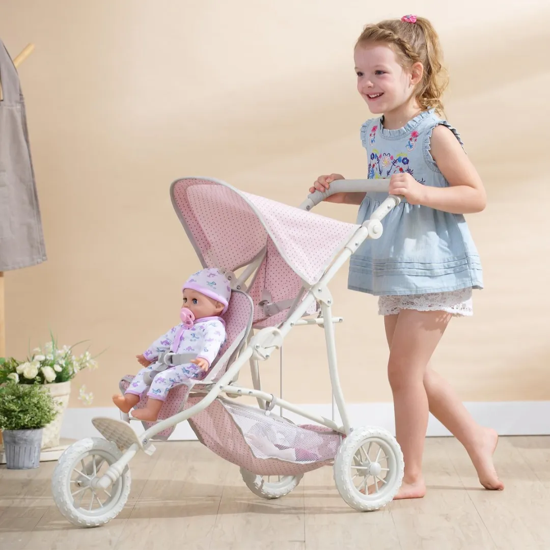 Teamson Kids Dubbel Poppenwagen OL-00004 - Roze/Grijs