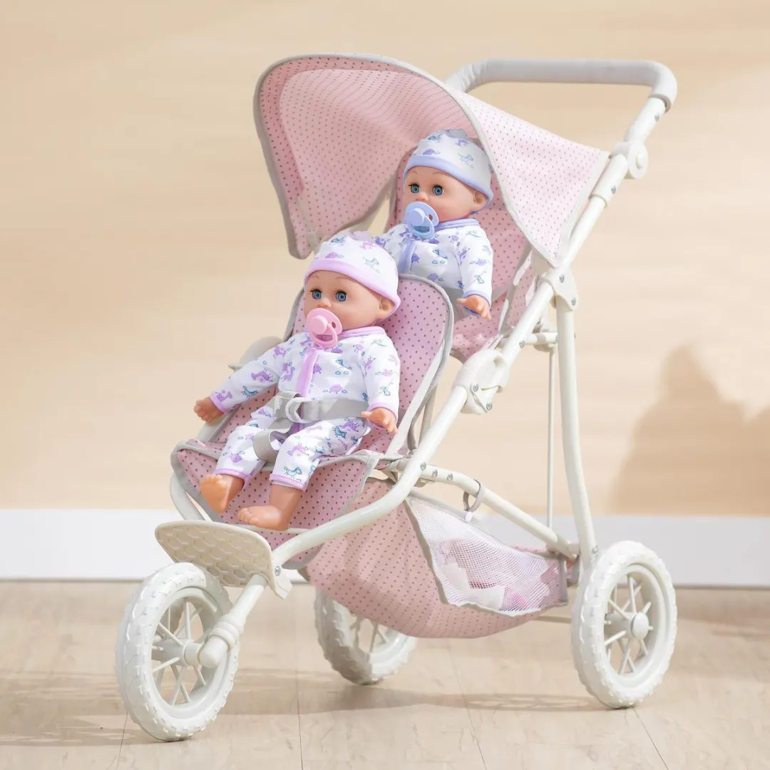 Teamson Kids Dubbel Poppenwagen OL-00004 - Roze/Grijs