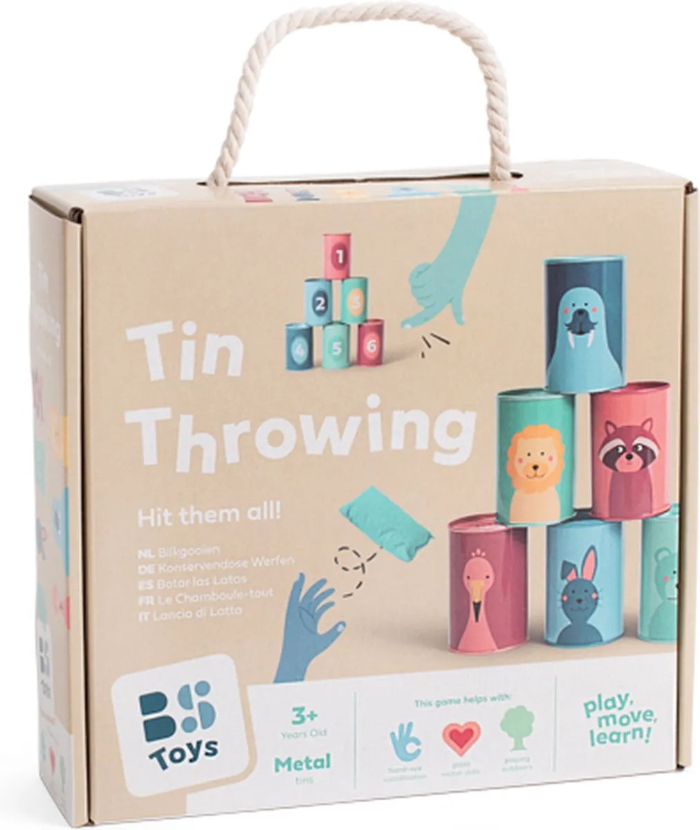 BS Toys Blikgooien Werpspel - Dieren en Cijfers - Pittenzak Gooien - Kinderspeelgoed vanaf 3 Jaar - Buitenspeelgoed - 6 Gekleurde Blikken - Cadeau kind