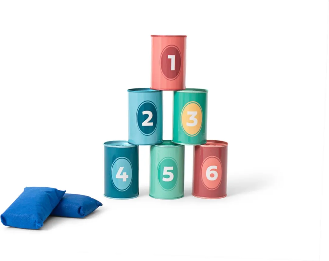 BS Toys Blikgooien Werpspel - Dieren en Cijfers - Pittenzak Gooien - Kinderspeelgoed vanaf 3 Jaar - Buitenspeelgoed - 6 Gekleurde Blikken - Cadeau kind