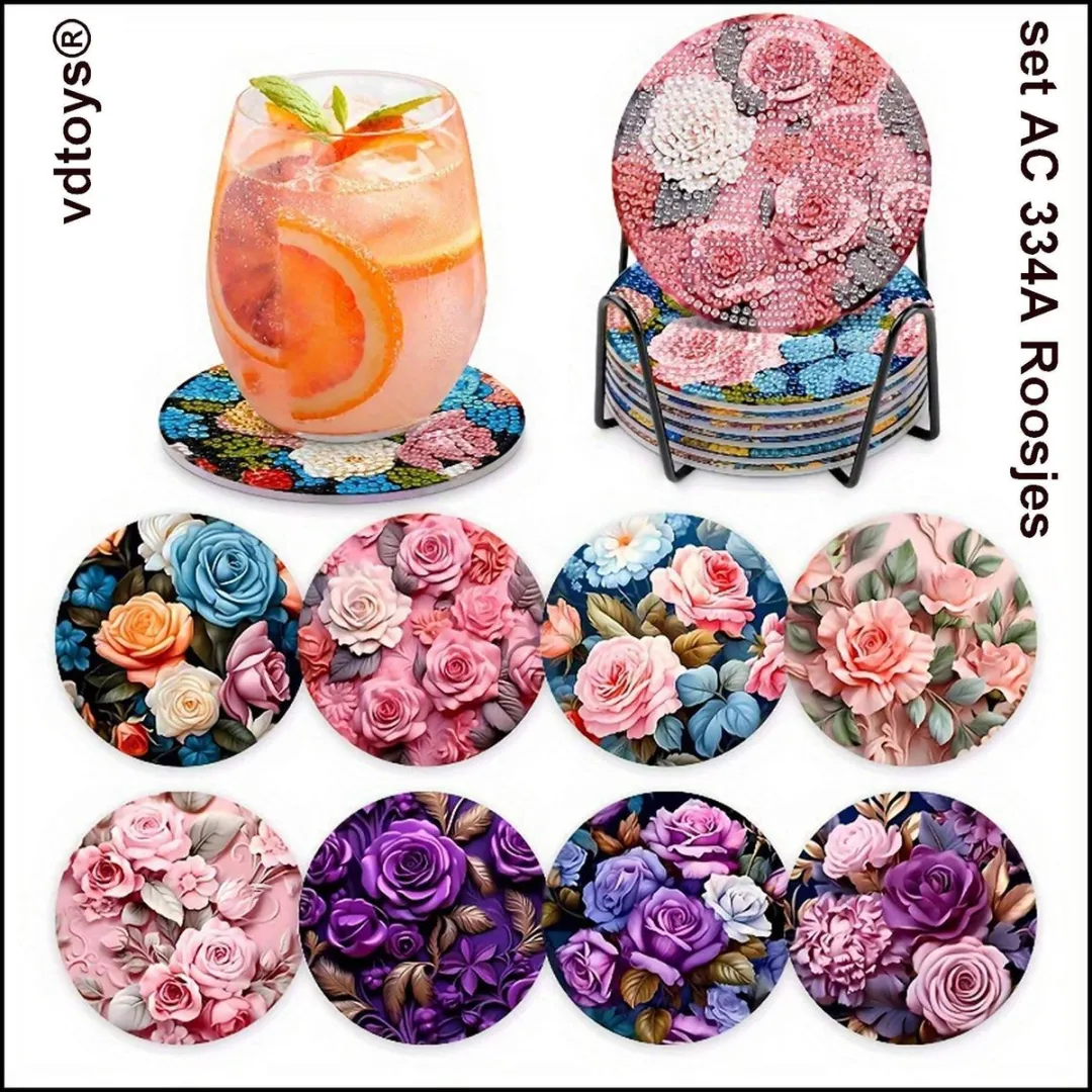 VDTOYS Diamond Painting Roosjes 2 Onderzetters Compleet Pakket - 8 Stuks
