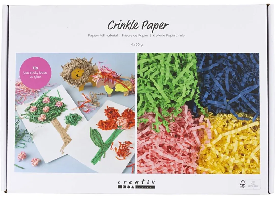 Creativ Company Crinkle Papier - 4x50 gr - Blauw/Donkergroen/Roze/Geel