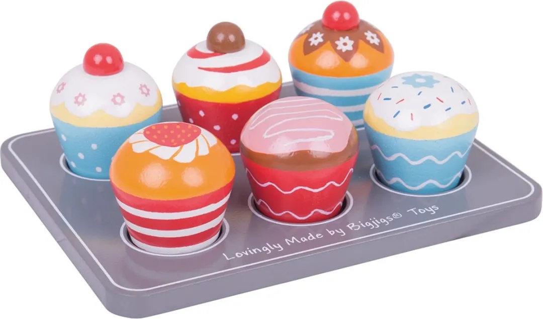 BIGJIGS Kleurige Muffins Op Dienblad - Hout - 6 Stuks