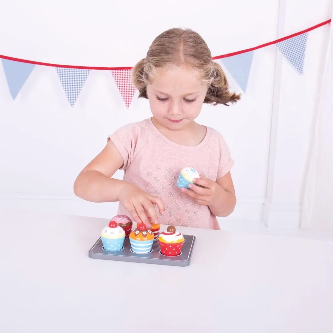 BIGJIGS Kleurige Muffins Op Dienblad - Hout - 6 Stuks