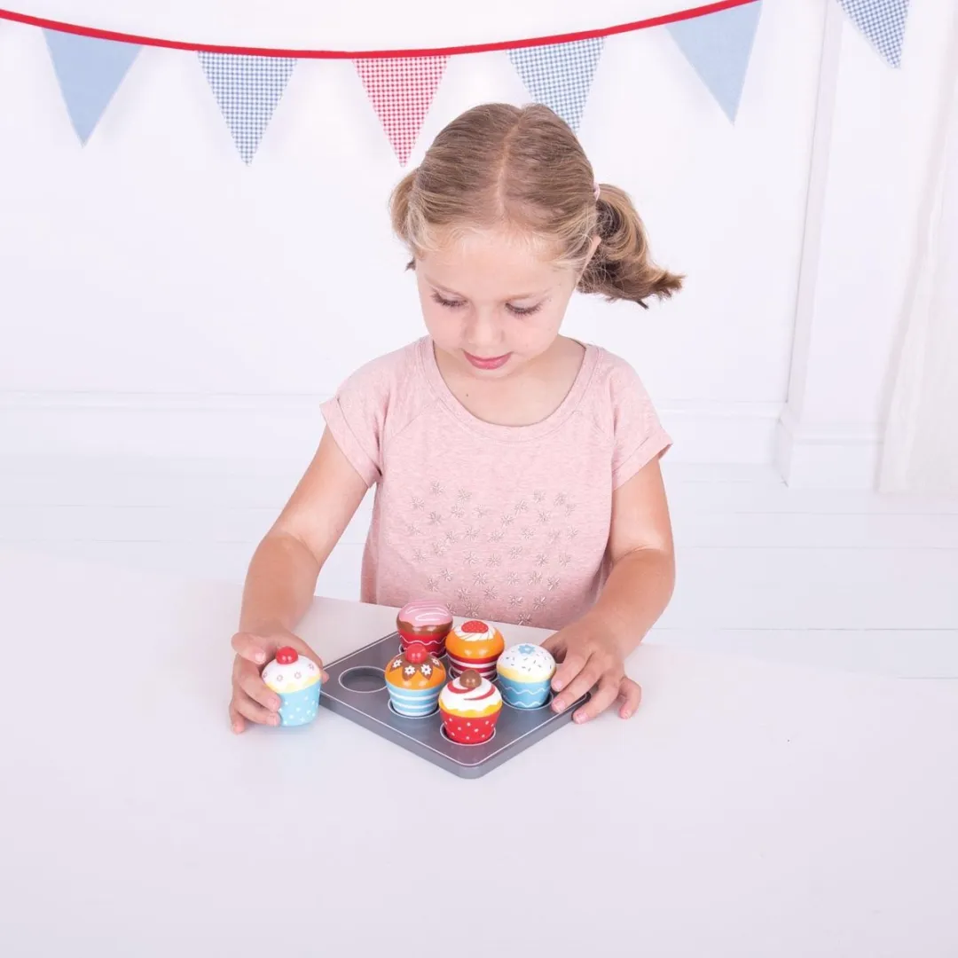 BIGJIGS Kleurige Muffins Op Dienblad - Hout - 6 Stuks