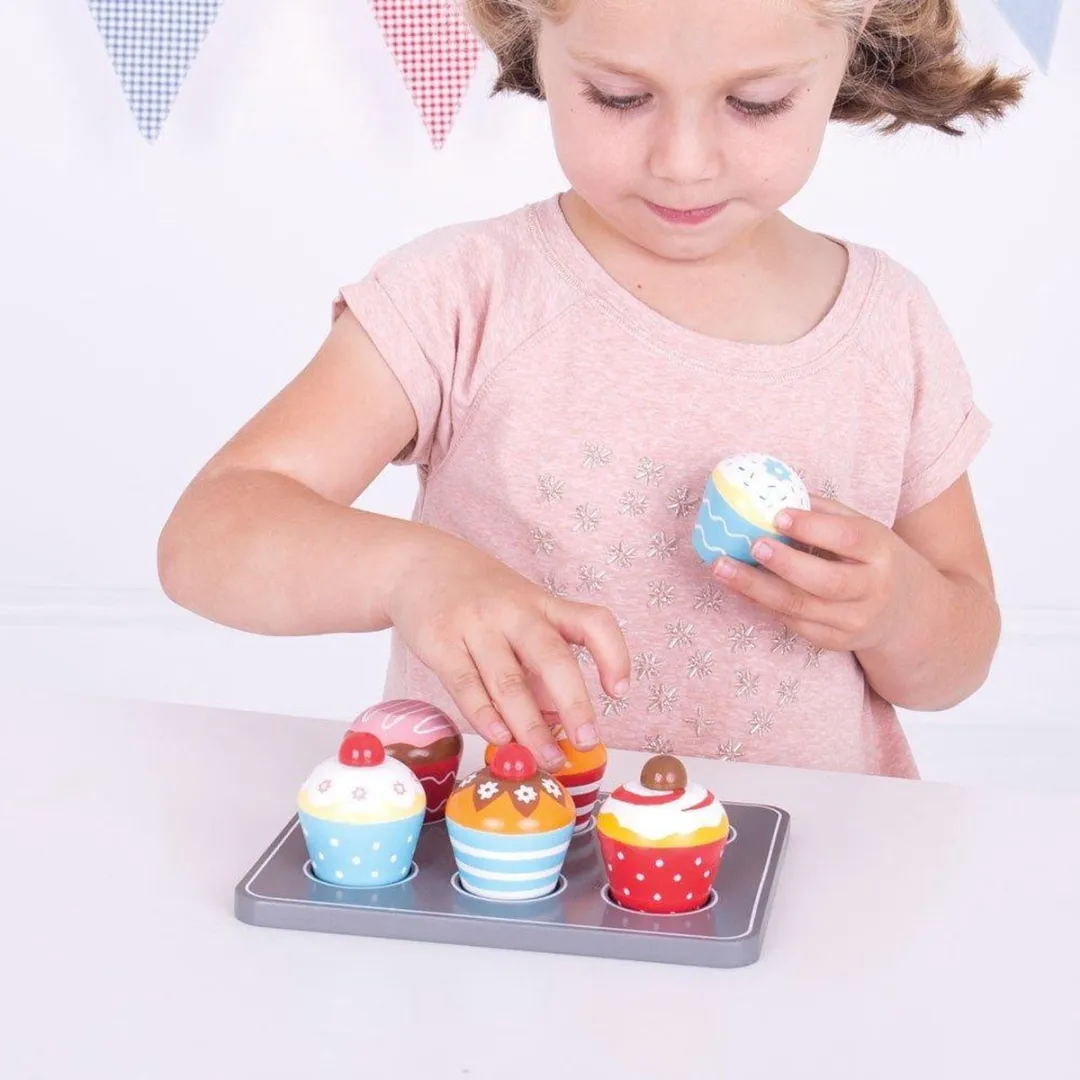 BIGJIGS Kleurige Muffins Op Dienblad - Hout - 6 Stuks