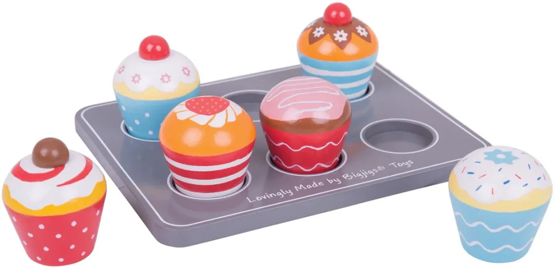 BIGJIGS Kleurige Muffins Op Dienblad - Hout - 6 Stuks