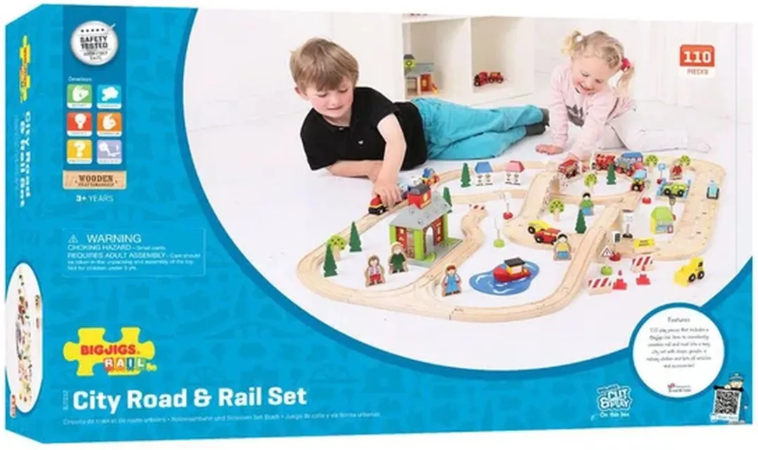 BIGJIGS Treinbaan Hout Autobaan BJT032 - 110-delig - Rood