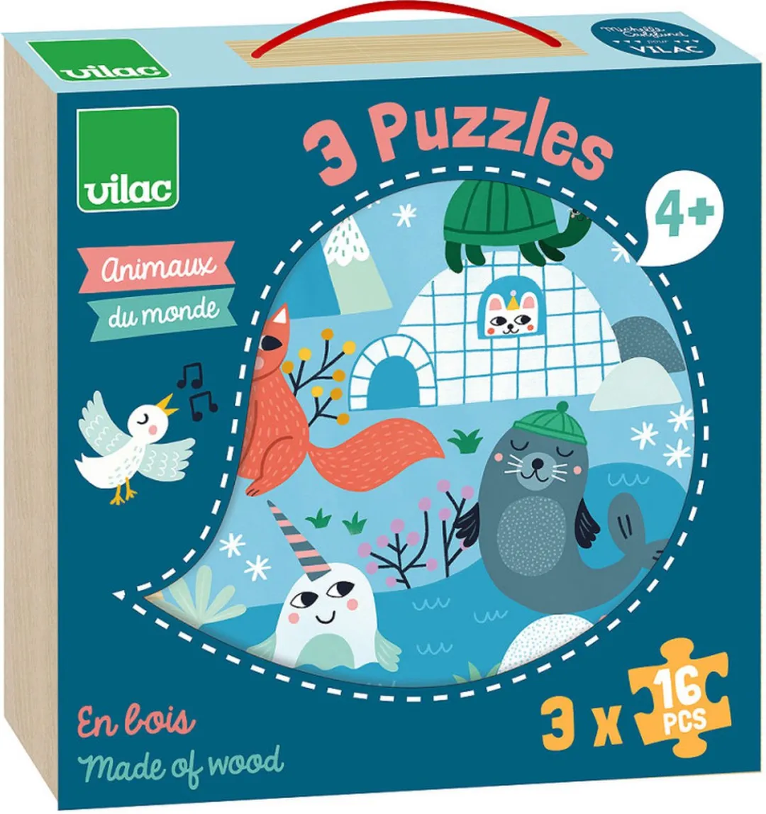 Vilac Houten Puzzel Dieren van de Wereld 3x16 Stuks - Multi - afbeelding 4 van 6