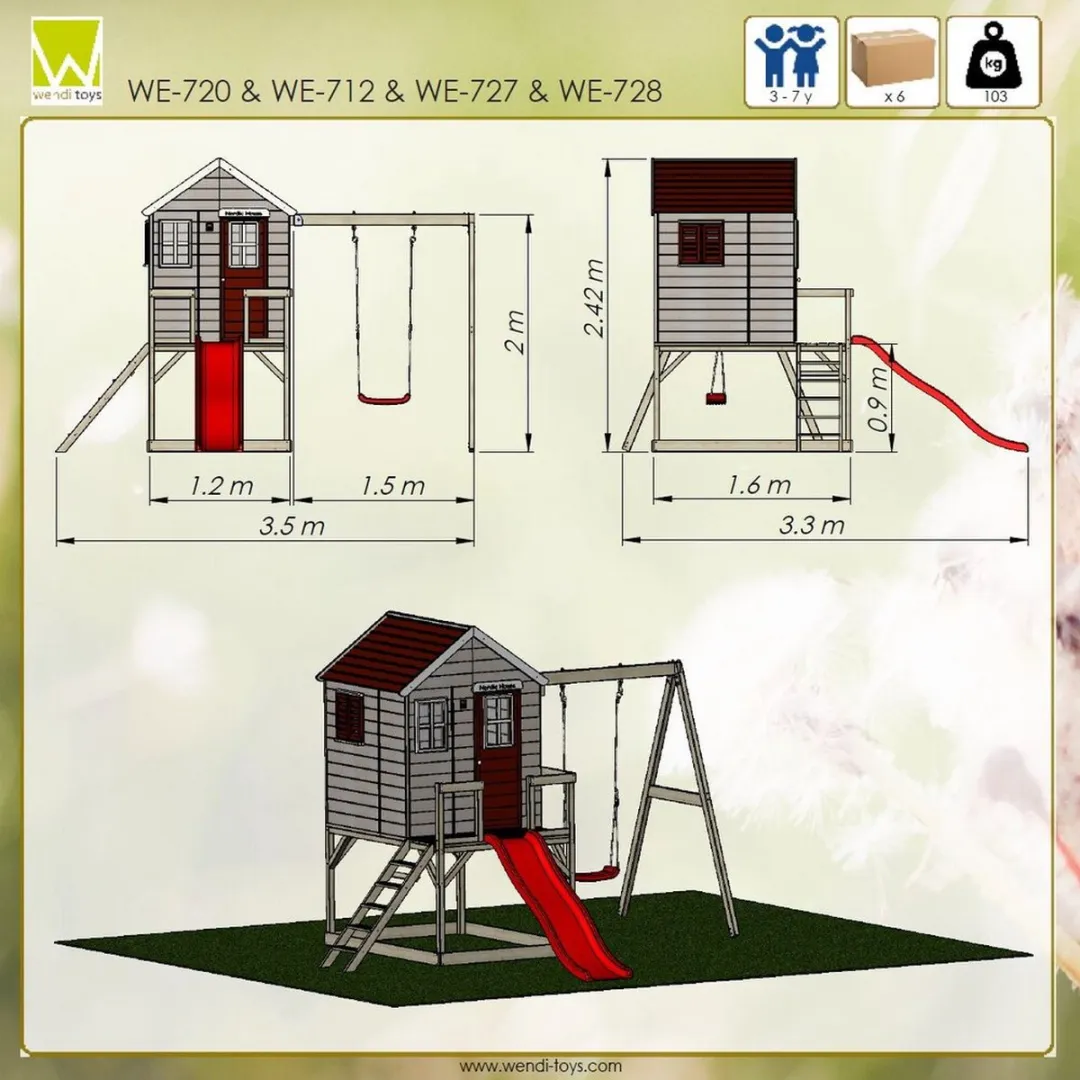 Wendi Toys WTM24 Houten Speelhuis - 330x350x242cm - Natuurlijk/Rood-Wit