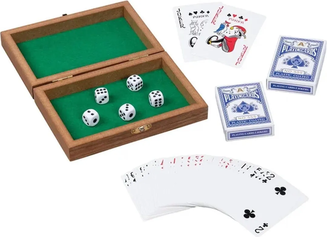 Goki Houten Speelkaartenbox 56308 - 2 Sets + 5 Dobbelstenen