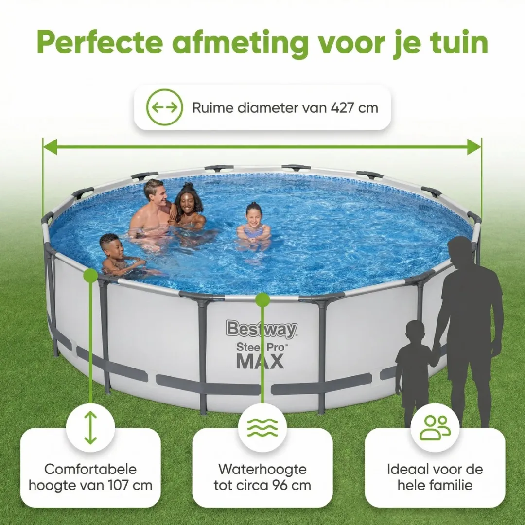 Bestway Rond Steel Pro MAX Zwembad - 427 x 107 cm - Grijs - Inclusief Pomp - Ladder - Afdekzeil - Onderhoudspakket - Stofzuiger - 8-delig