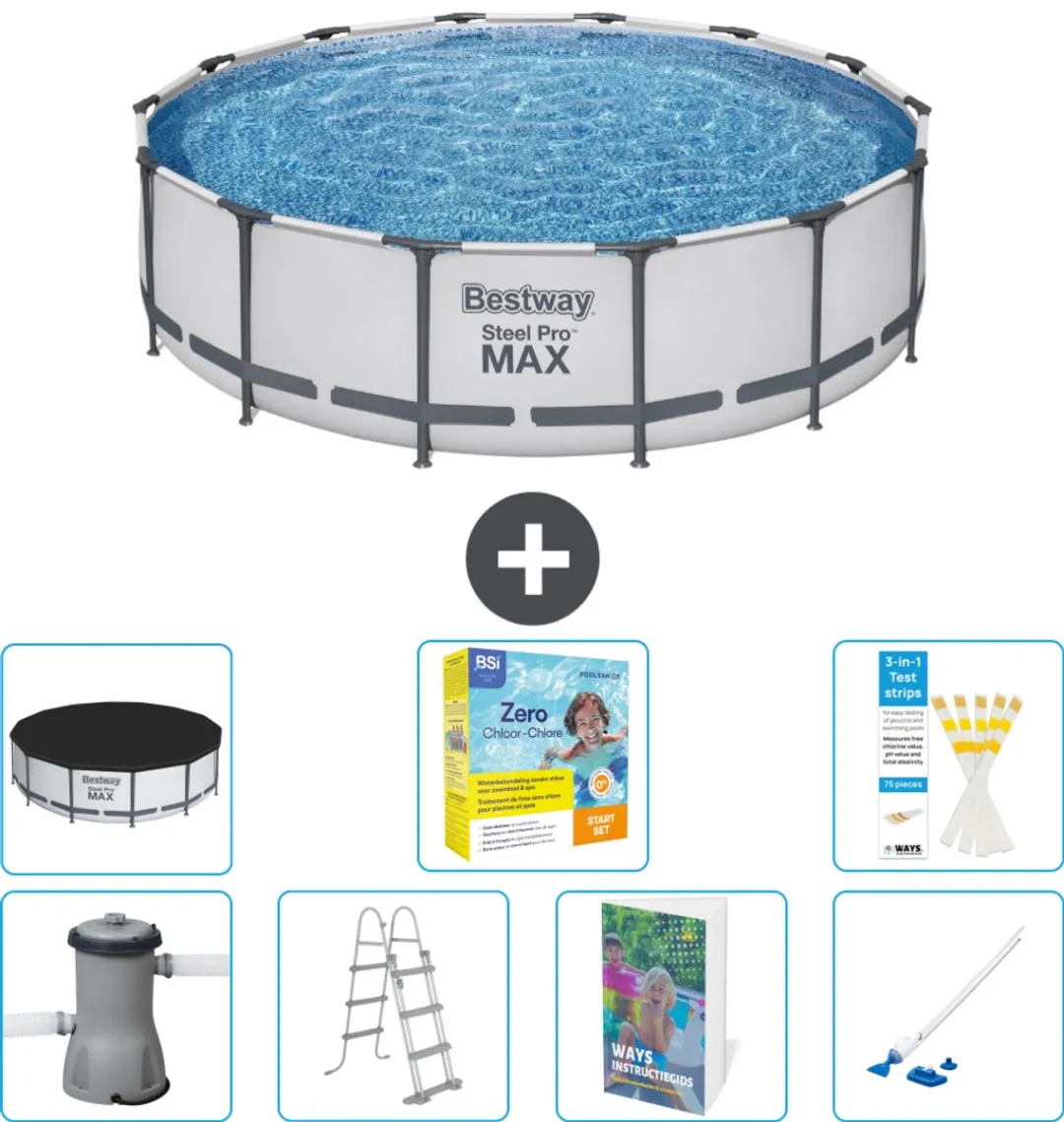 Bestway Rond Steel Pro MAX Zwembad - 427 x 107 cm - Grijs - Inclusief Pomp - Ladder - Afdekzeil - Onderhoudspakket - Stofzuiger - 8-delig