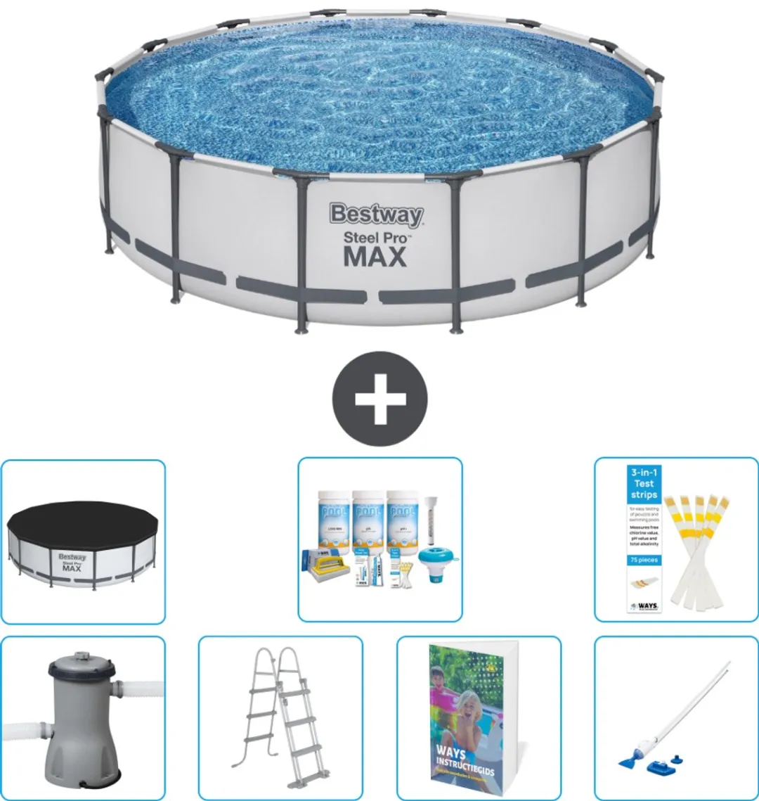 Bestway Rond Steel Pro MAX Zwembad - 427 x 107 cm - Grijs - Inclusief Pomp - Ladder - Afdekzeil - Onderhoudspakket - Stofzuiger - 8-delig