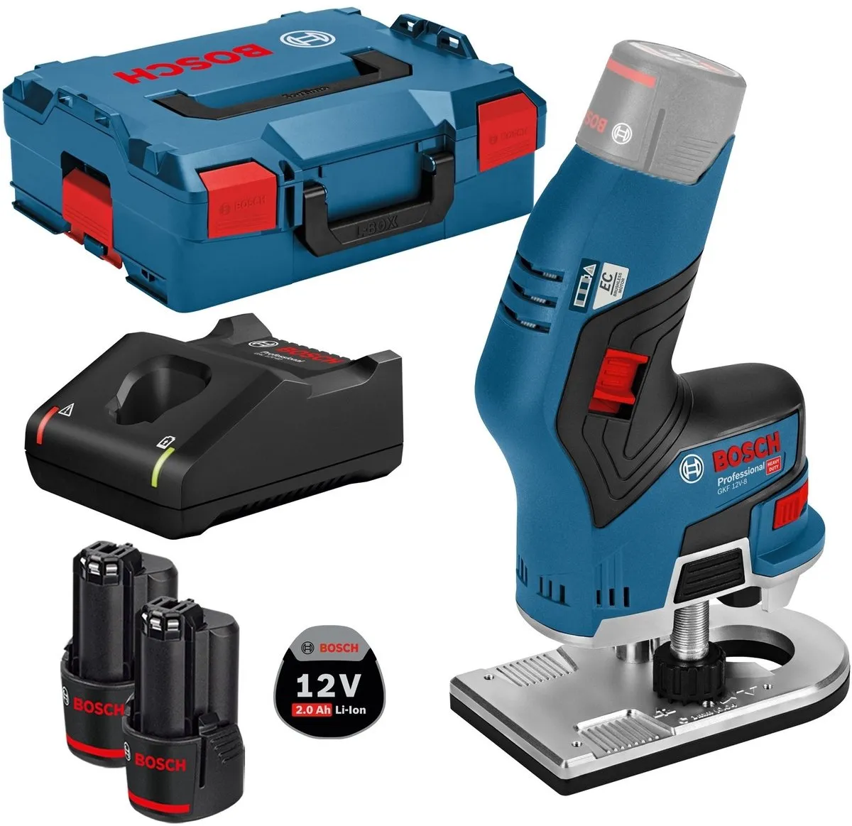 Bosch GKF 12V-8 Accukantenfrees - 2x 2.0 Ah Blauw