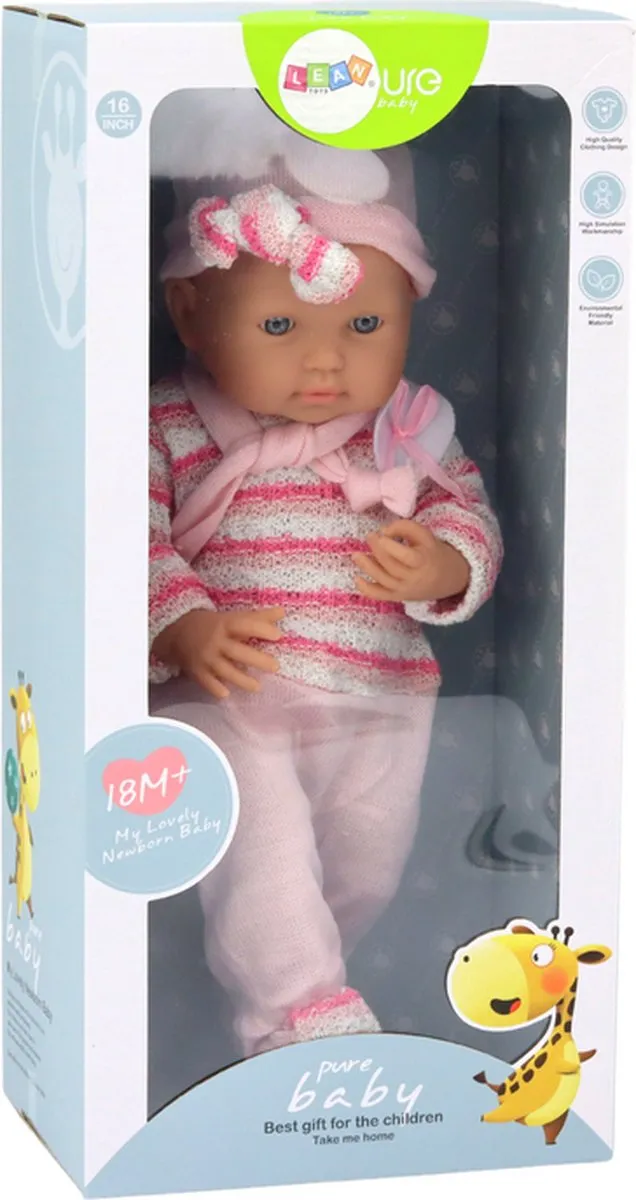 Lean Toys Levensechte Babypop - Roze kleding - 39x18x10.5cm