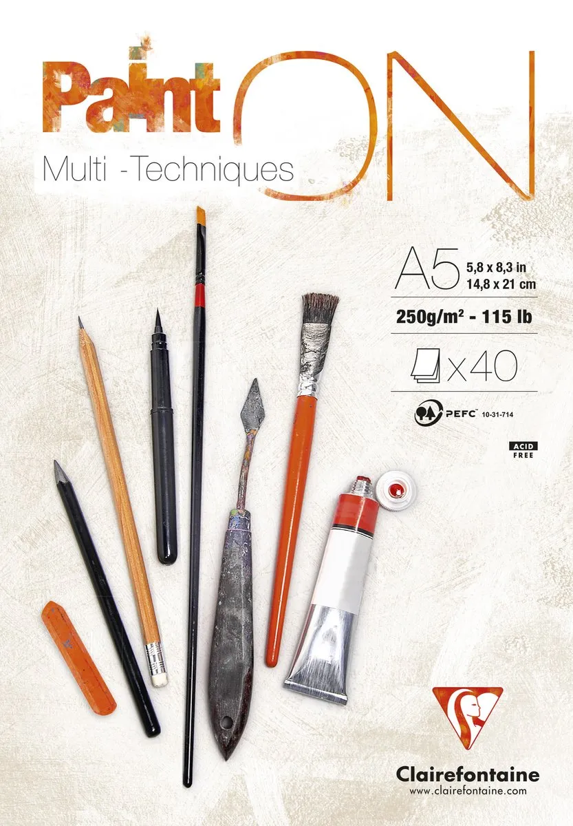 Clairefontaine Paint ON Tekenblok A5 40 Vel - 250 g/m² - 4 Stuks