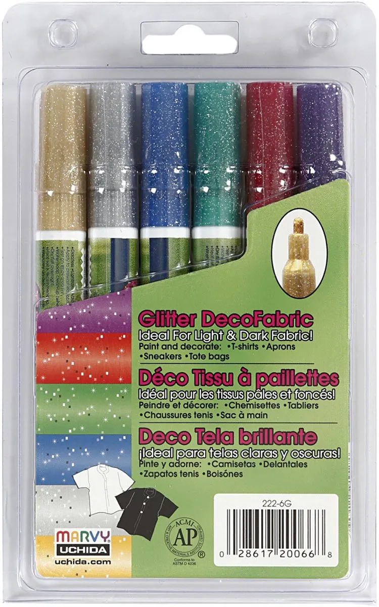 Creativ Company Deco Textielstiften Glitter - 6 Stuks - Divers
