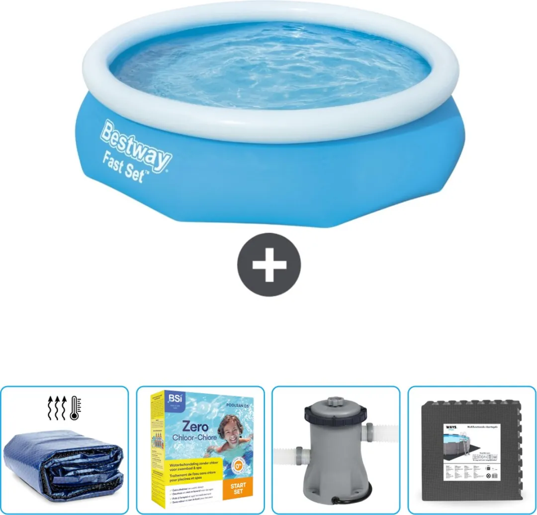 Bestway Rond Opblaasbaar Fast Set Zwembad - 305 x 76 cm - Blauw - Inclusief Solarzeil - Onderhoudspakket - Pomp - Vloertegels