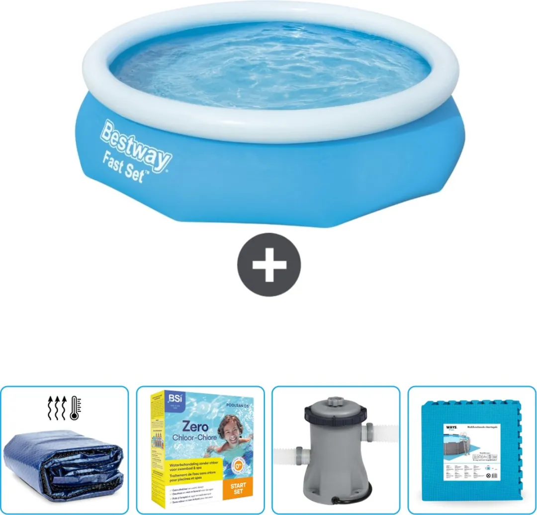 Bestway Rond Opblaasbaar Fast Set Zwembad - 305 x 76 cm - Blauw - Inclusief Solarzeil - Onderhoudspakket - Pomp - Vloertegels
