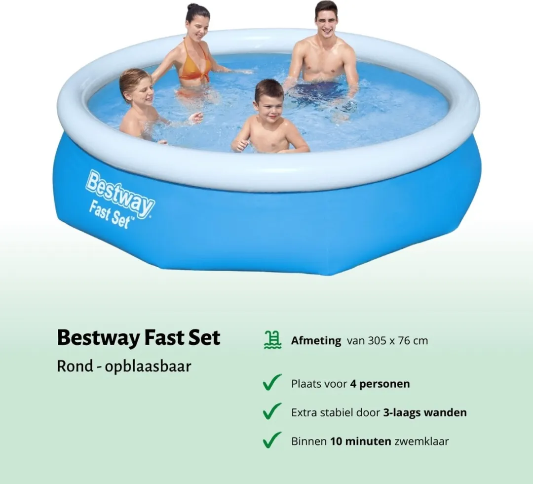 Bestway Rond Opblaasbaar Fast Set Zwembad - 305 x 76 cm - Blauw - Inclusief Solarzeil - Onderhoudspakket - Pomp - Vloertegels