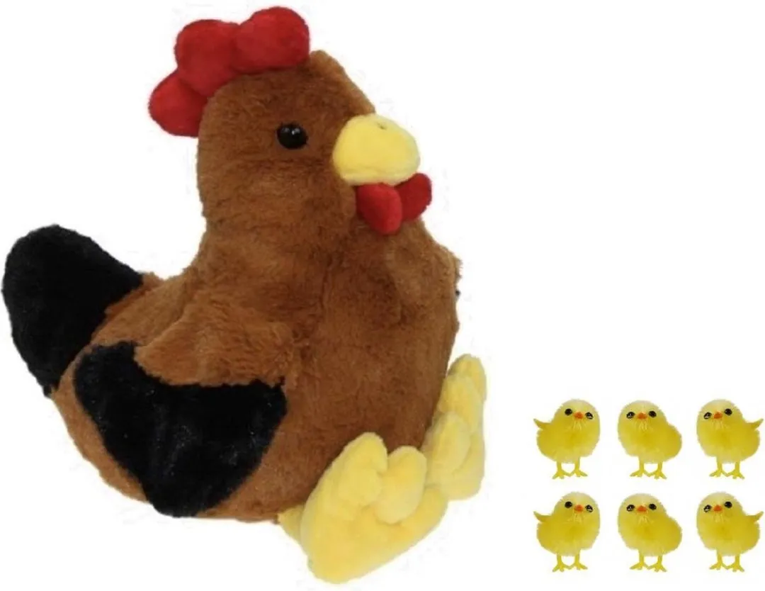 Decoris Pluche Bruine Kippen Knuffel - 7 Stuks (6x Mini Kuikentjes)