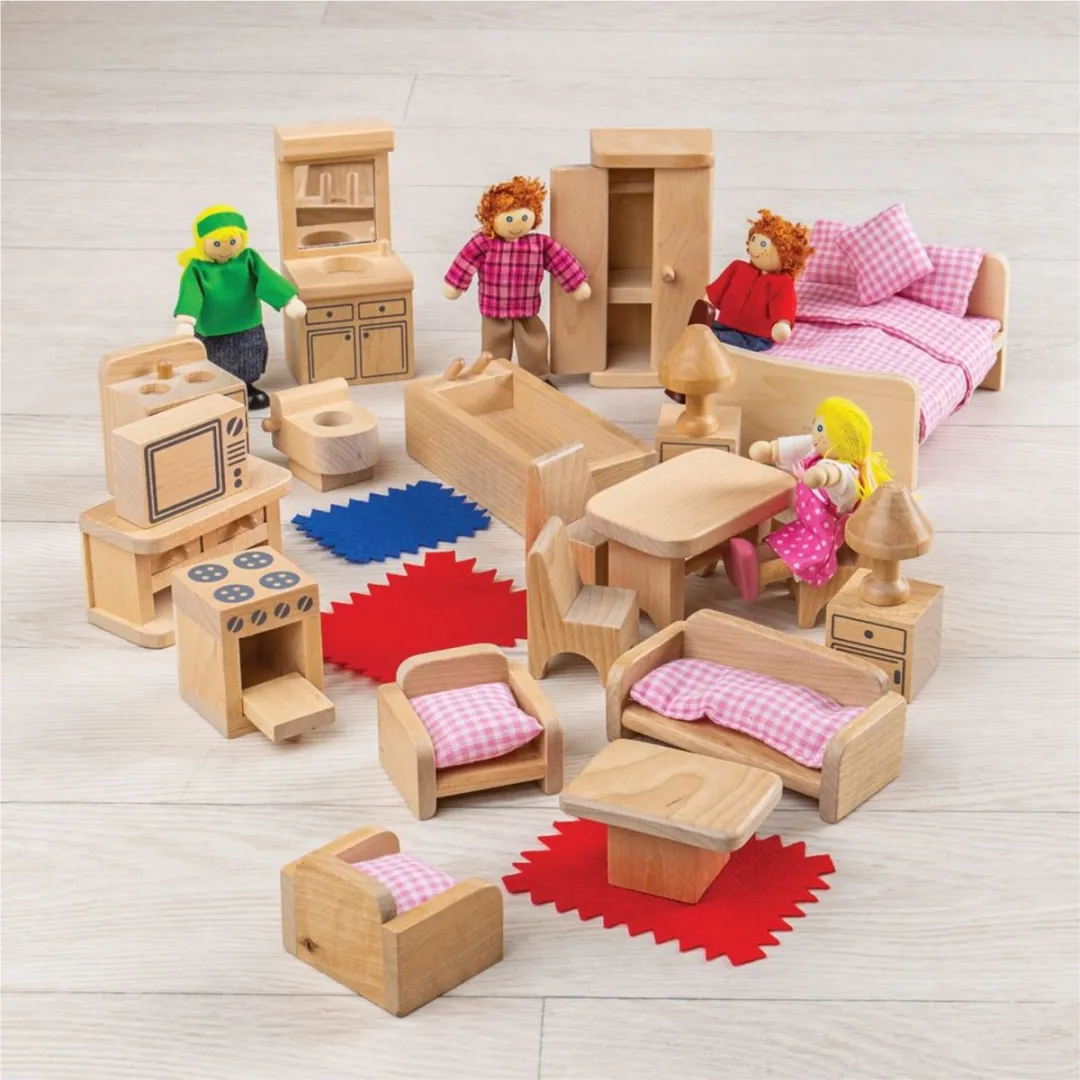 BIGJIGS Poppenhuis Meubels en Poppetjes 26-delig - Multicolor