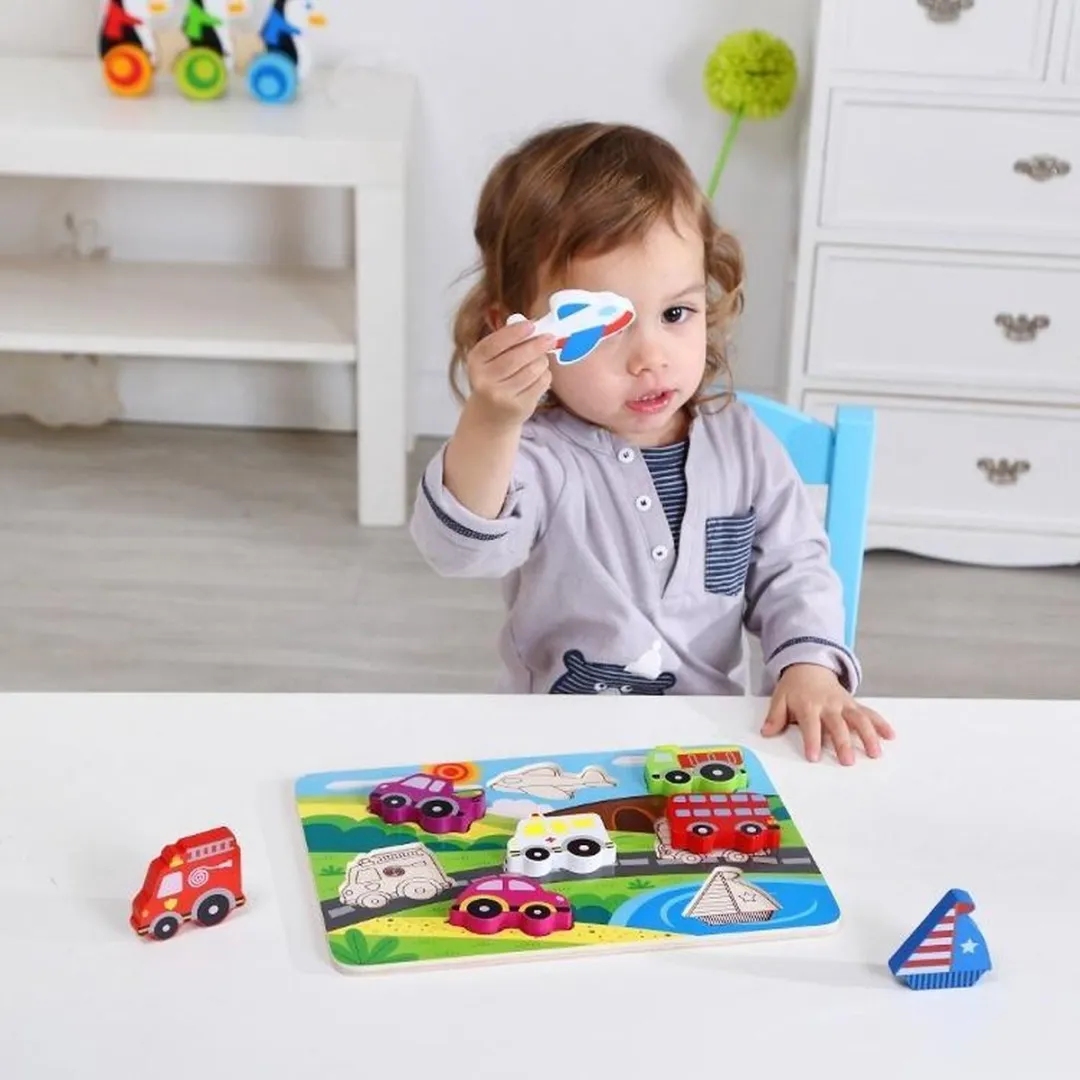 Tooky Toy Vormenpuzzel Voertuigen Junior 7-delig Hout - Multicolor