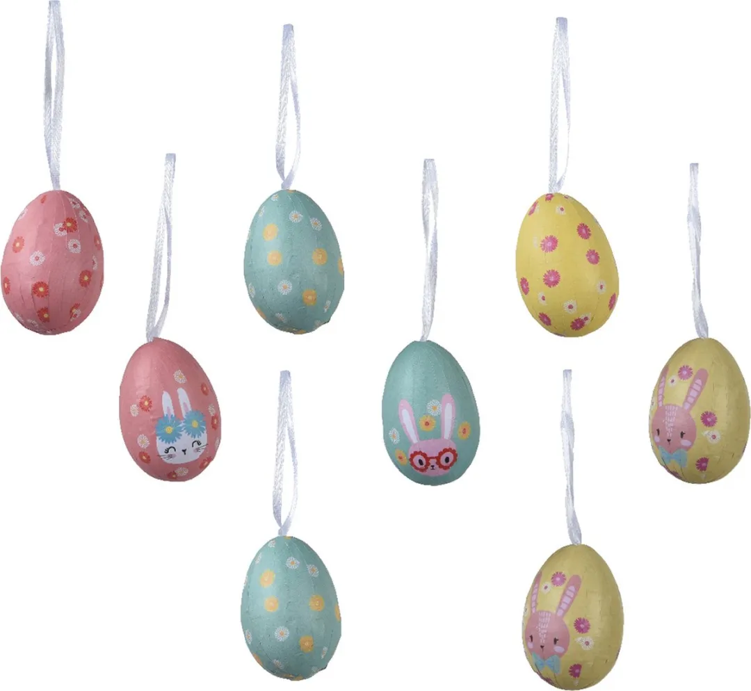 Decoris Paaseieren met Paashazen - 8 Stuks - Kunststof - Geel