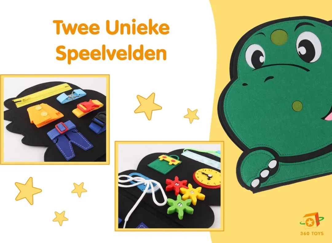 360 Toys® - Busy Board Dino - Bevat 2 Speelvelden - STEM Speelgoed - Babyspeelgoed 6 maanden - Montessori Speelgoed