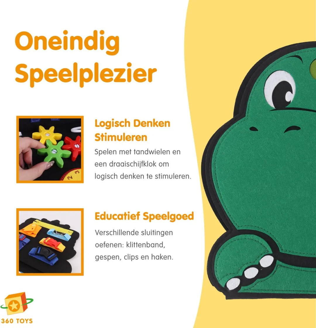 360 Toys® - Busy Board Dino - Bevat 2 Speelvelden - STEM Speelgoed - Babyspeelgoed 6 maanden - Montessori Speelgoed