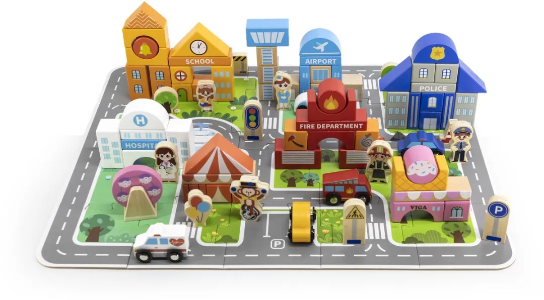 Viga Toys Houten Stad Bouwstenen Set 80-delig