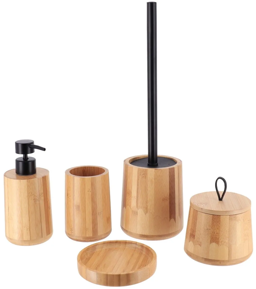 Tendance WC/Toiletborstel in houder - bamboe hout - 37 x 11 cm - zwarte borstel