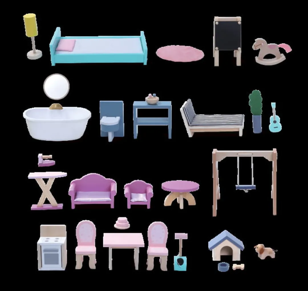 Houten poppenhuis van kristal met ledverlichting